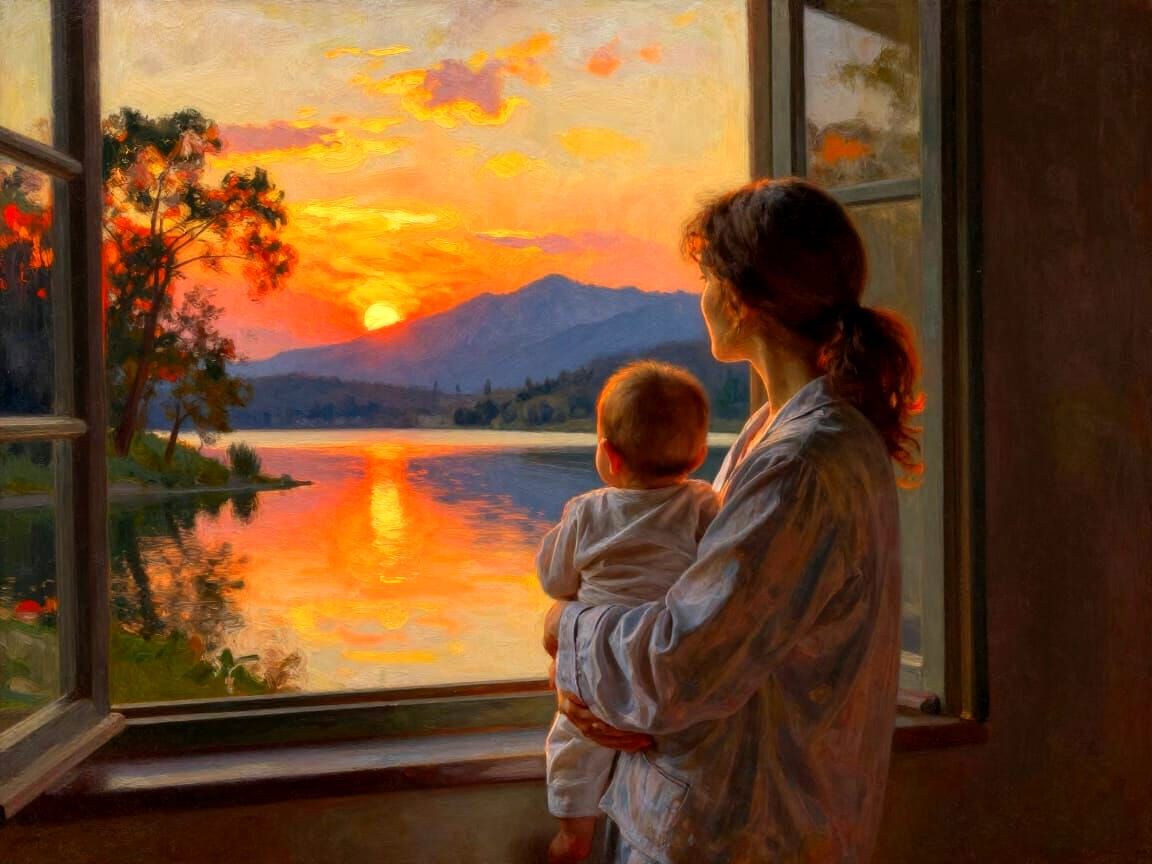 Mother and Child Reflecting on a Dreamlike Sunset
