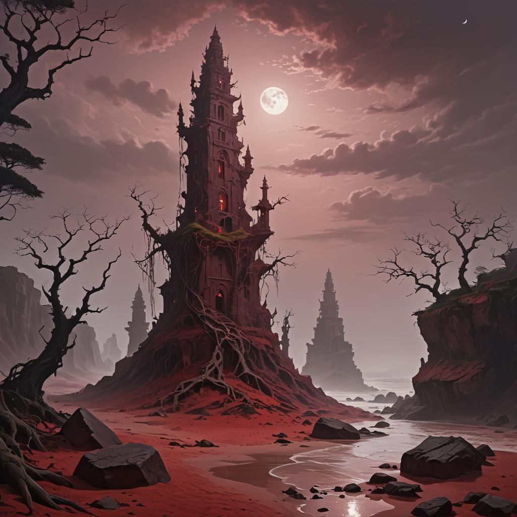 Alien Monoliths on Crimson Beach in Gothic Style