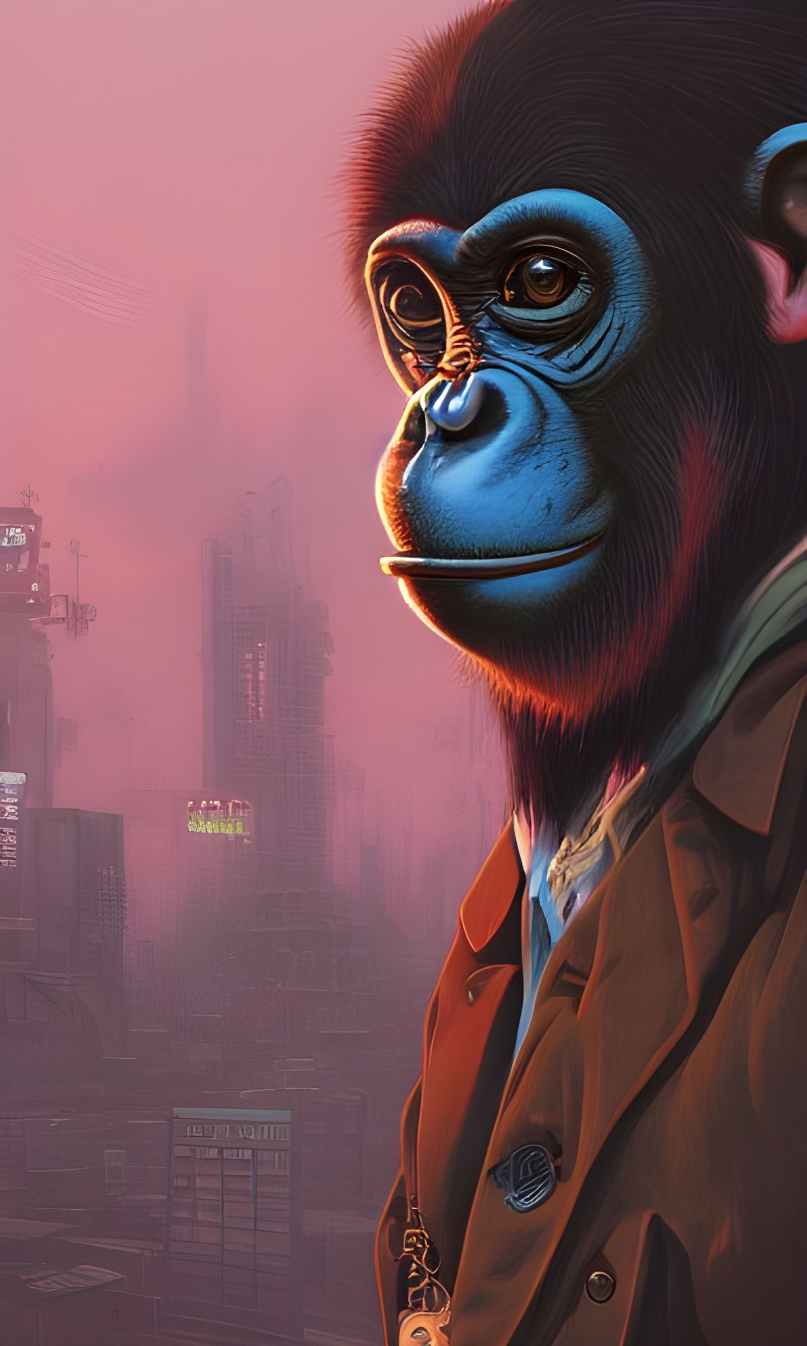 Steampunk Chimpanzee in Cyberpunk City: Digital Illustration