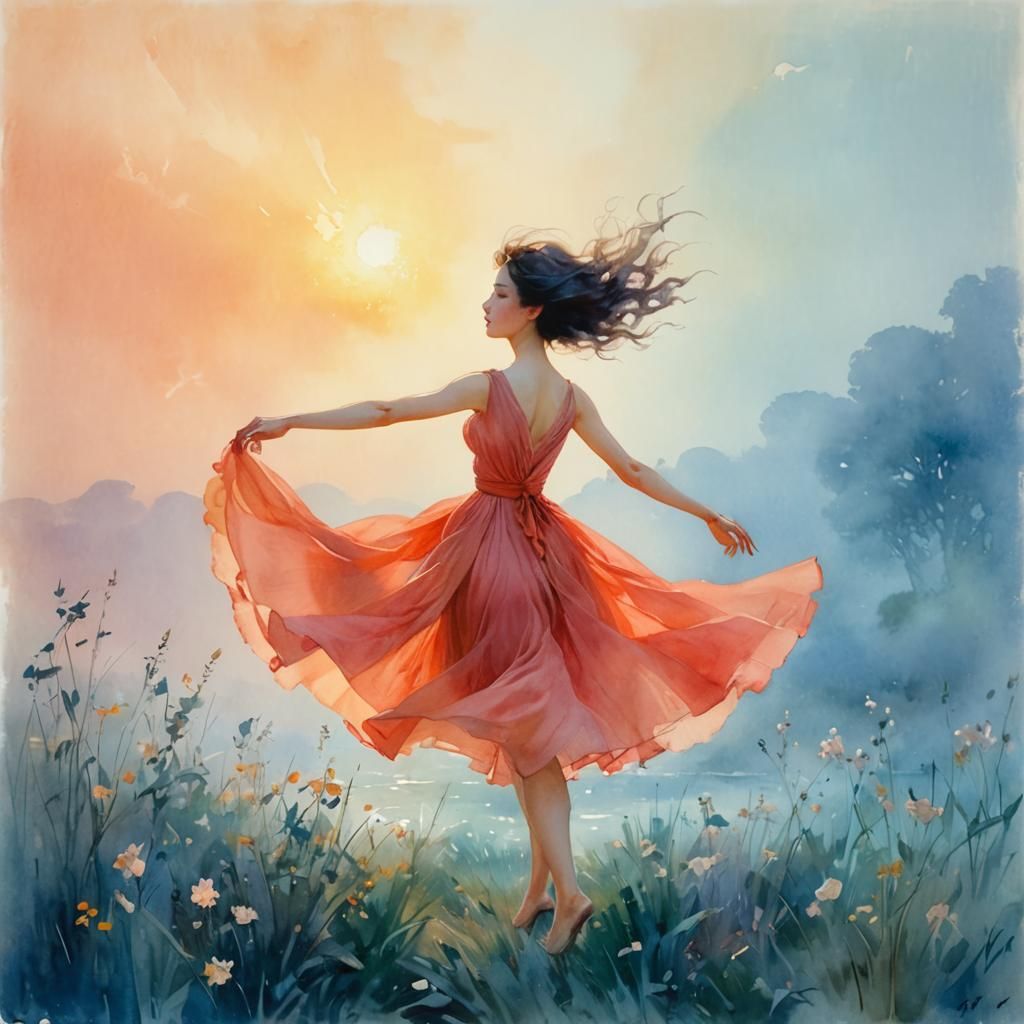 Woman Dancing at Dawn in Watercolor Style