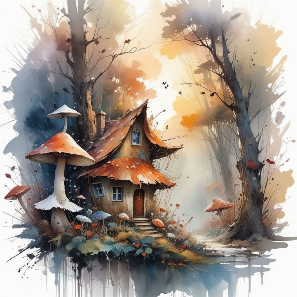 Mushroom House in Winter Clearing, Kandinsky Style