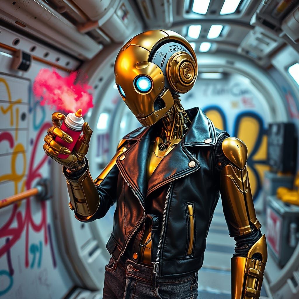 Golden Robot Girl Paints Vibrant Graffiti in Space Station M...