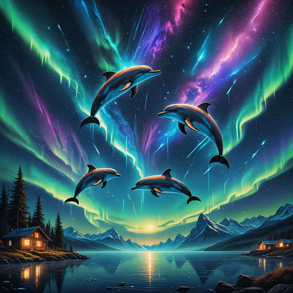 Dolphins Soar Amidst Vibrant Northern Lights