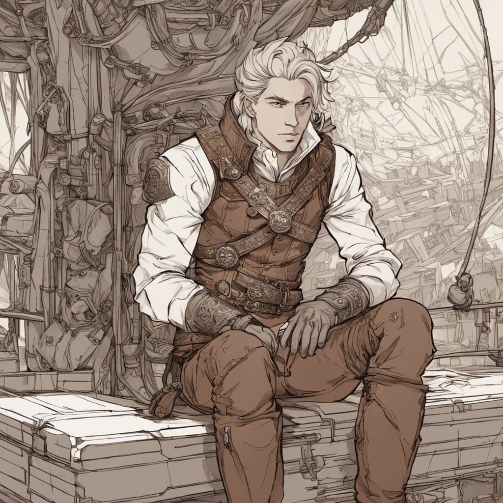 Man Before Skyship: Line Art Illustration