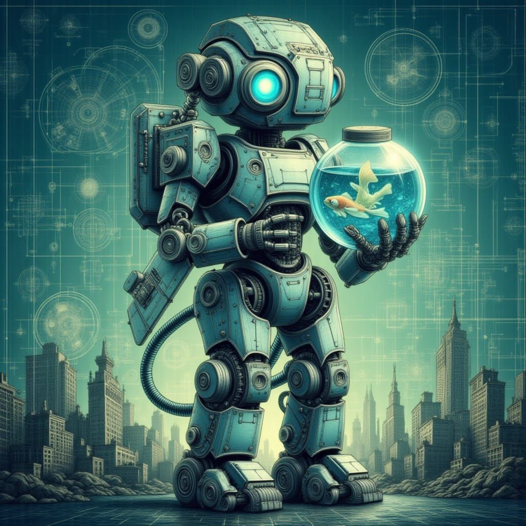 Cute Robot Holding a Fishbowl