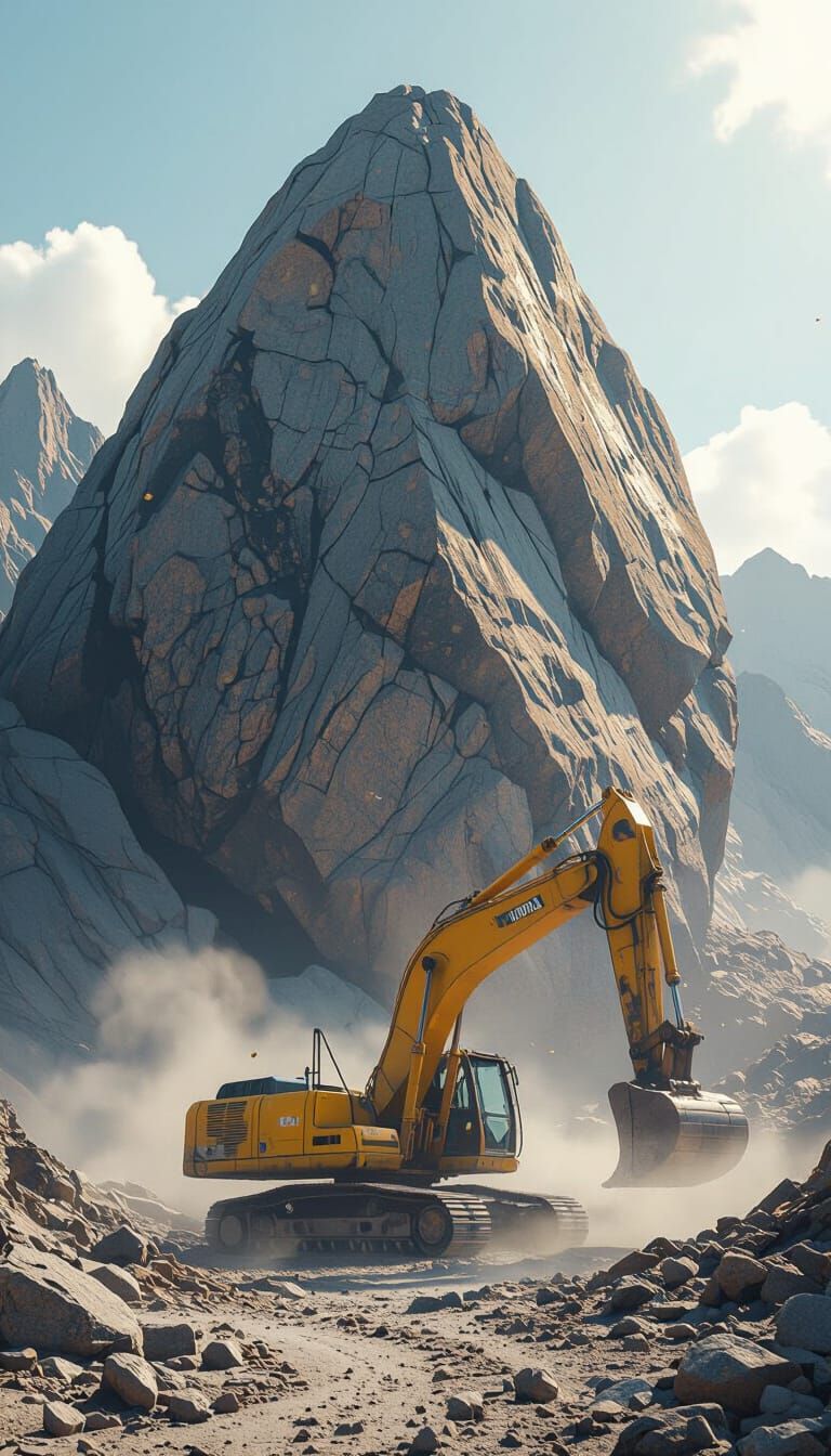 Dystopian Mountain Landscape with Excavator in Cinematic Sty...