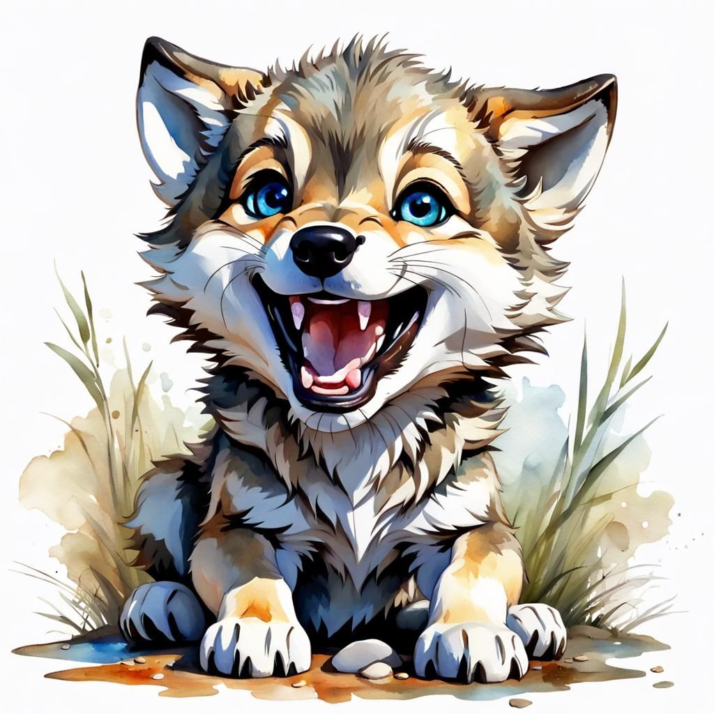 Adorable Chibi Wolf Cub Portrait in Watercolor