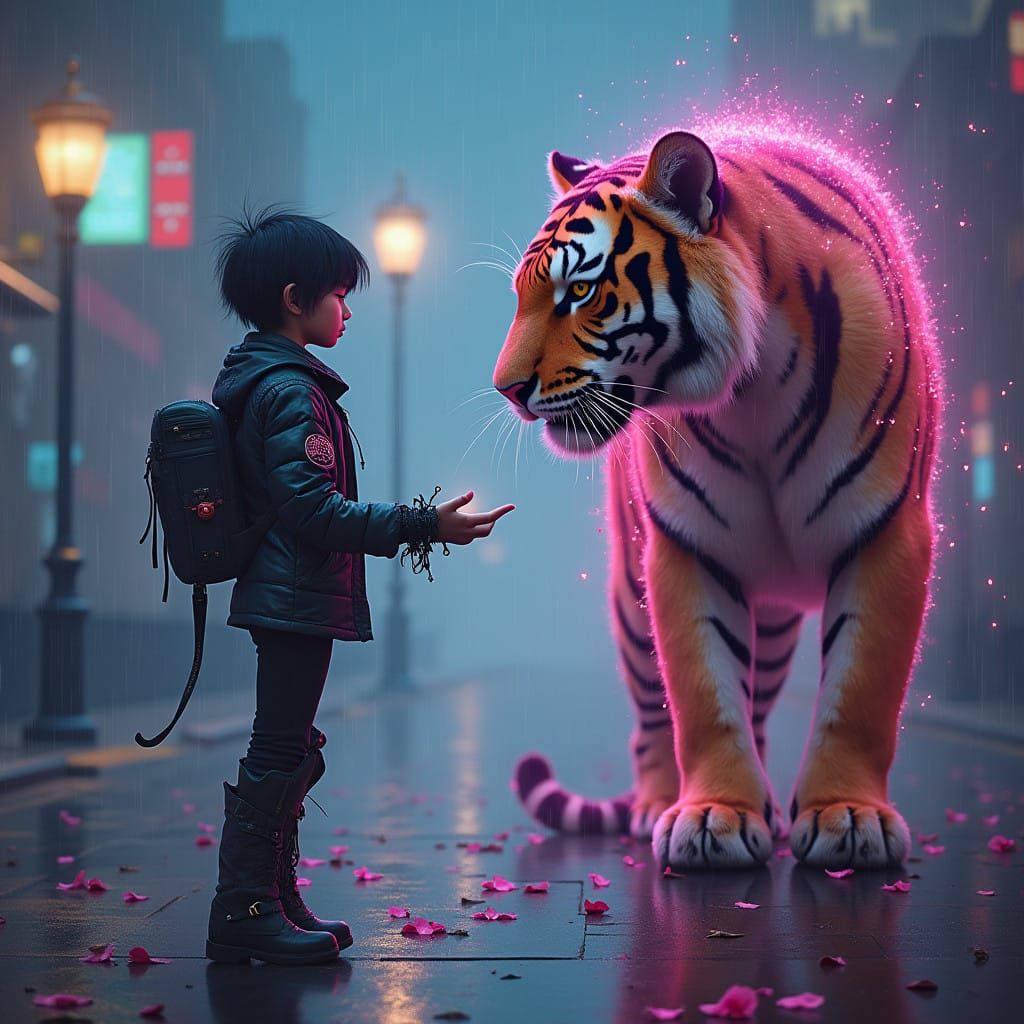 Cyberpunk Goddess in Distressed Leather Jeans, Beside Majest...