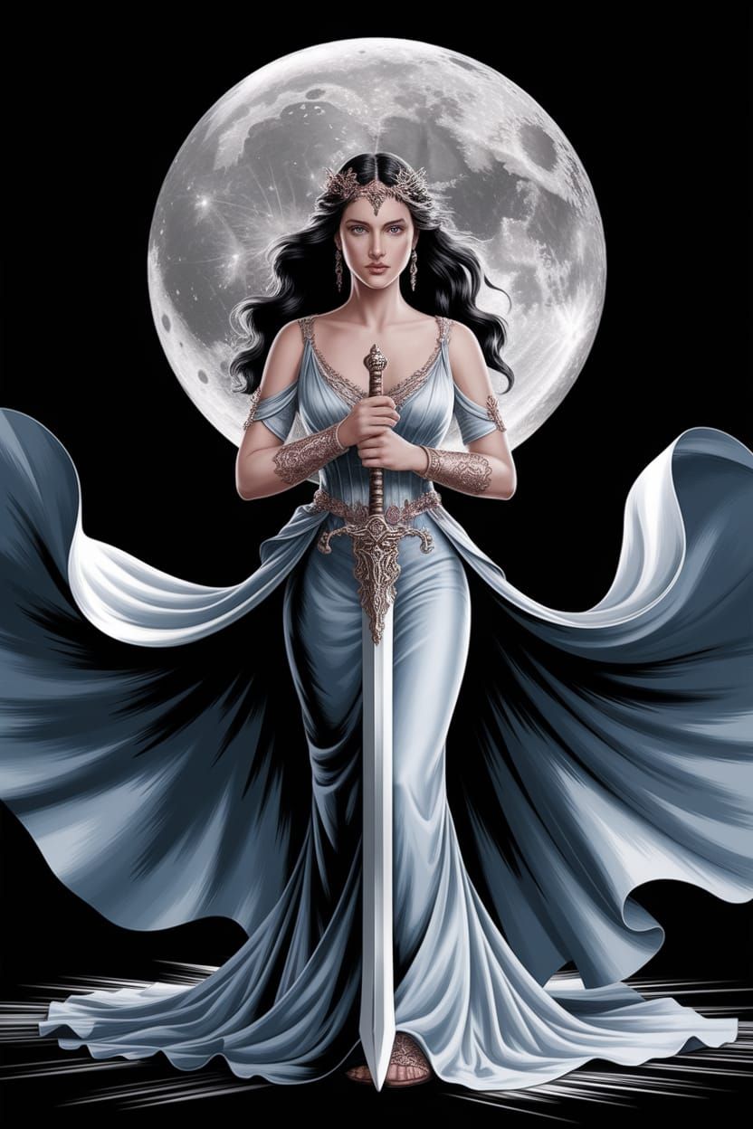 Goddess with Sword in Front of Moon