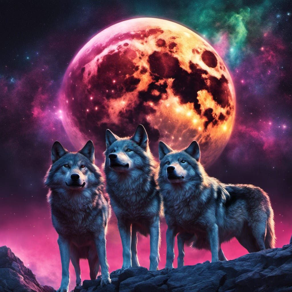 Wolves Gaze at Glowing Universe in Detailed Matte Painting