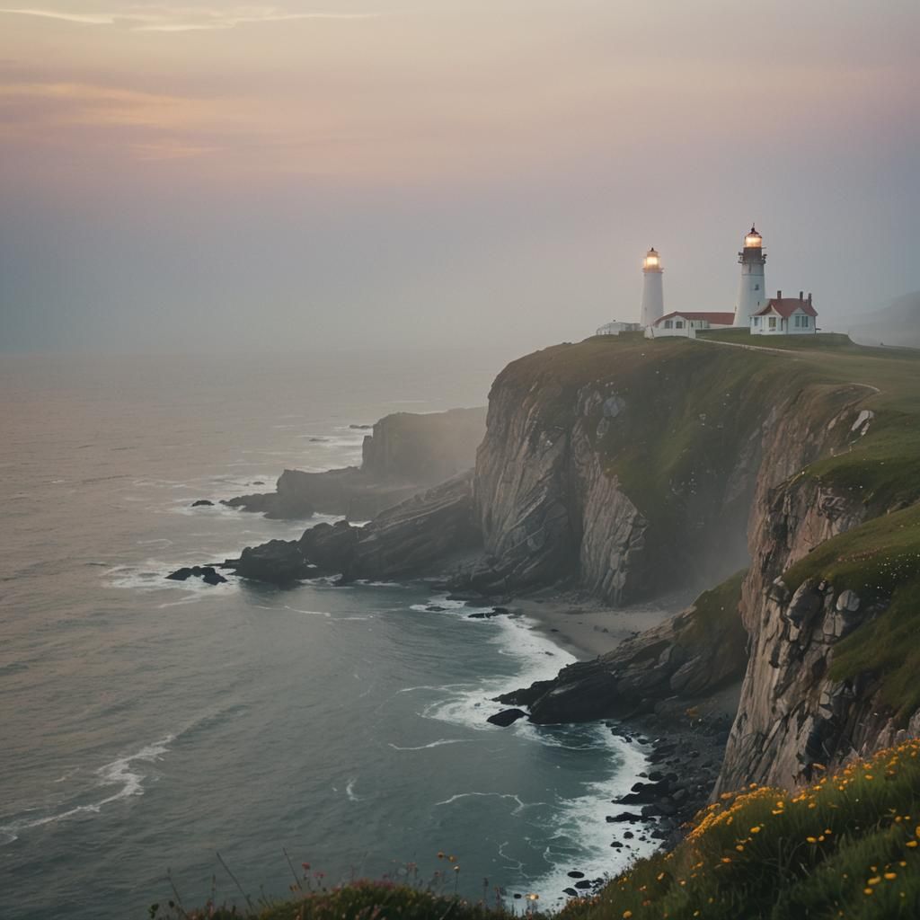 Lighthouse in Misty Coastal Scene, Oil Painting Style