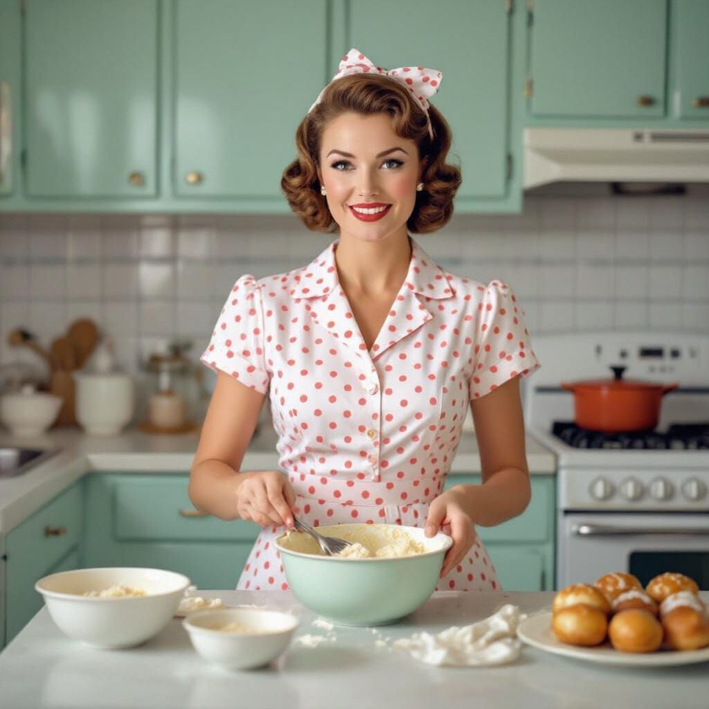 Retro 1950s Housewife Baking Portrait, Mid-Century Illustrat...