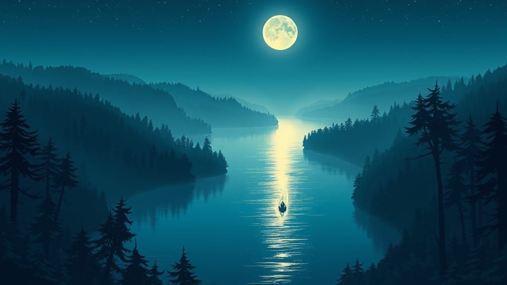 Peaceful Forest Under Half Moonlight in Vibrant Cel-Shaded S...