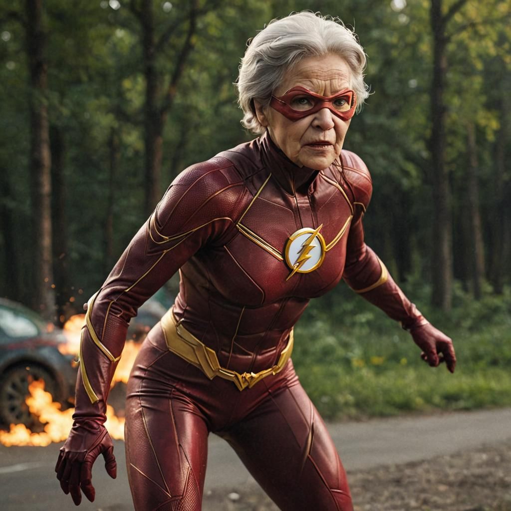 Russian Granny as Flash Superhero in Action
