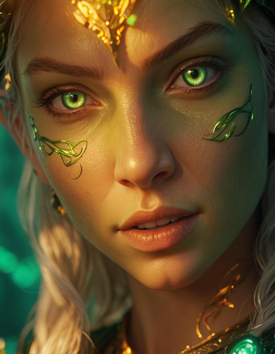 Beautiful Elf in Green Light: Fantasy RPG Art