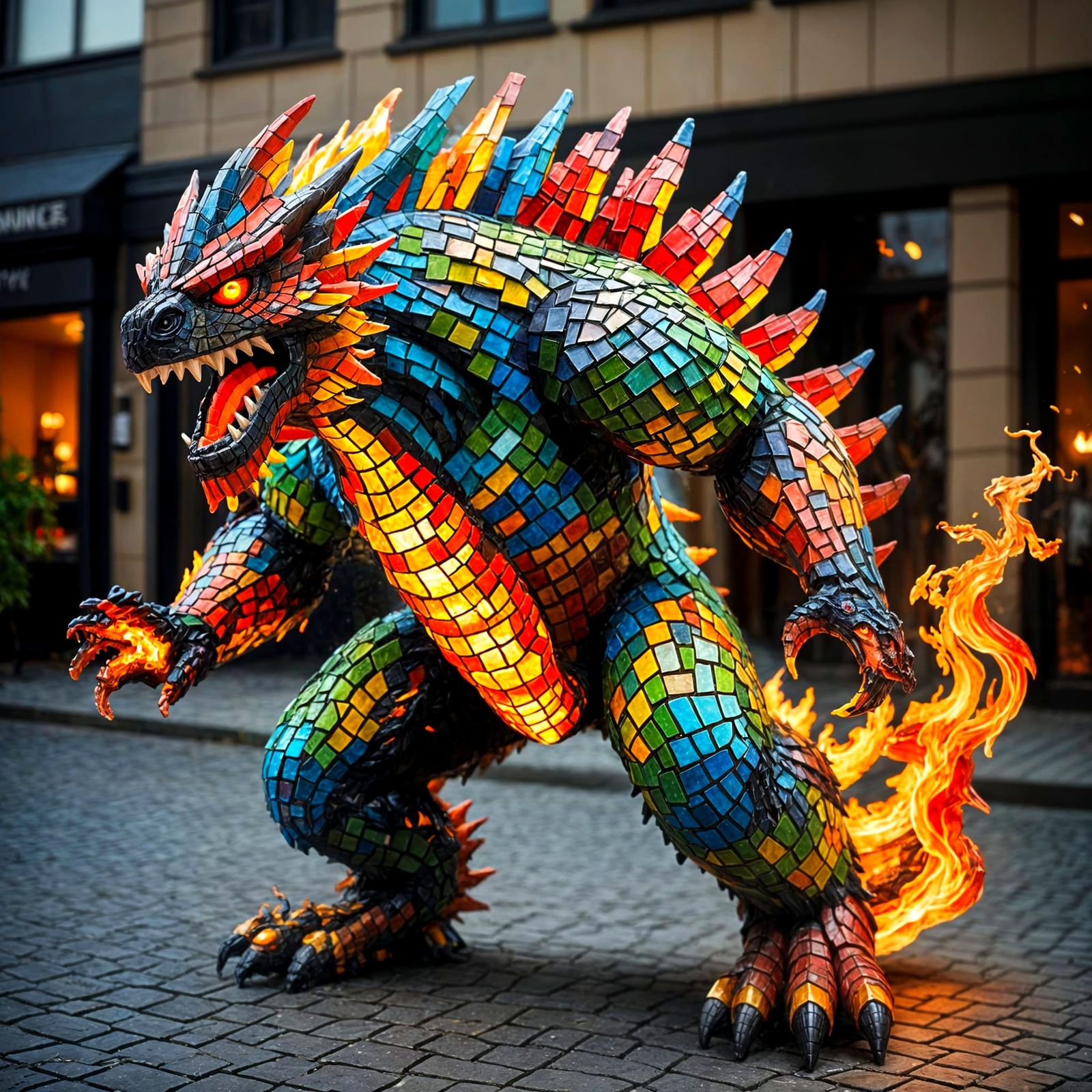 The monster is covered in pieces of multi-colored mosaics