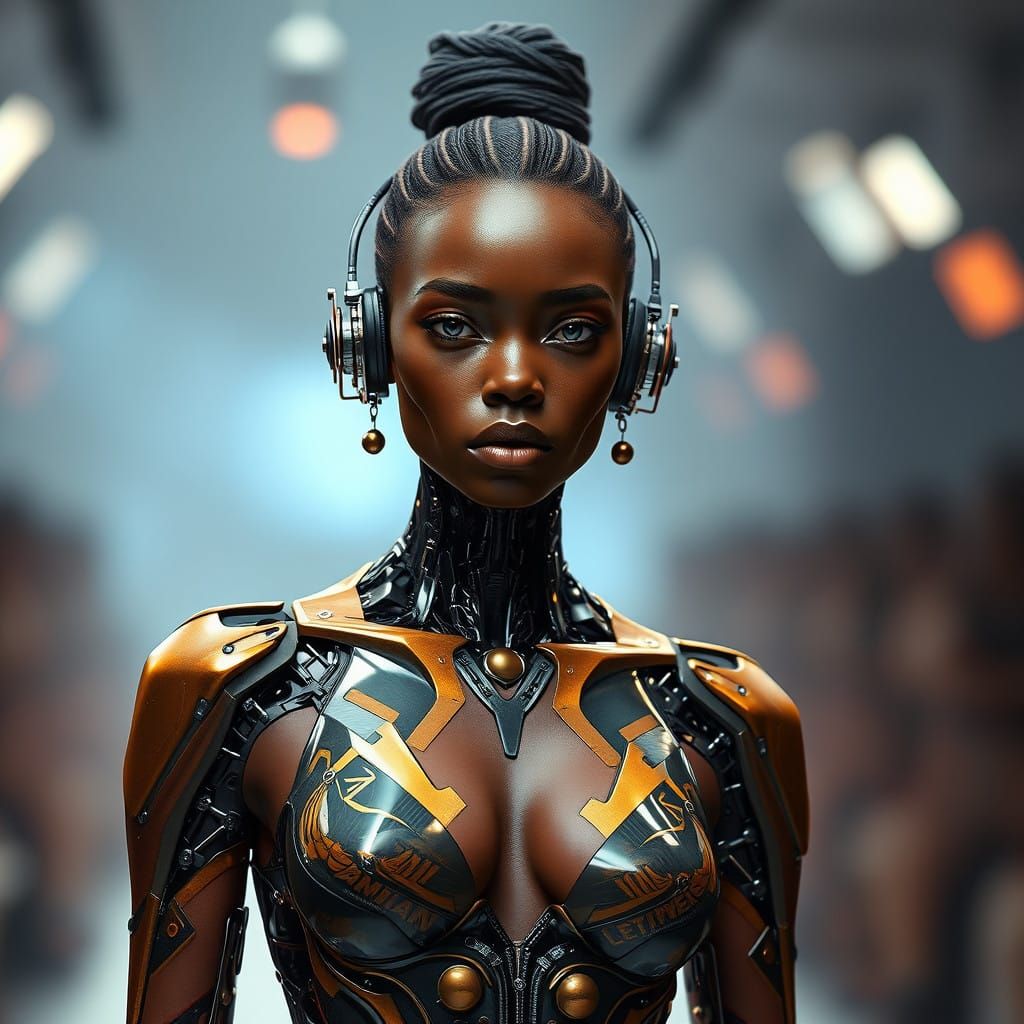 African American Cyborg Model Struts Down Runway in Vibrant...