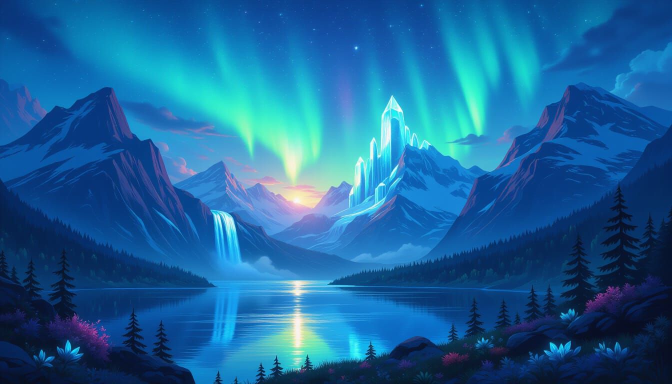 Fantasy Landscape with Crystal Mountains and Aurora Sky
