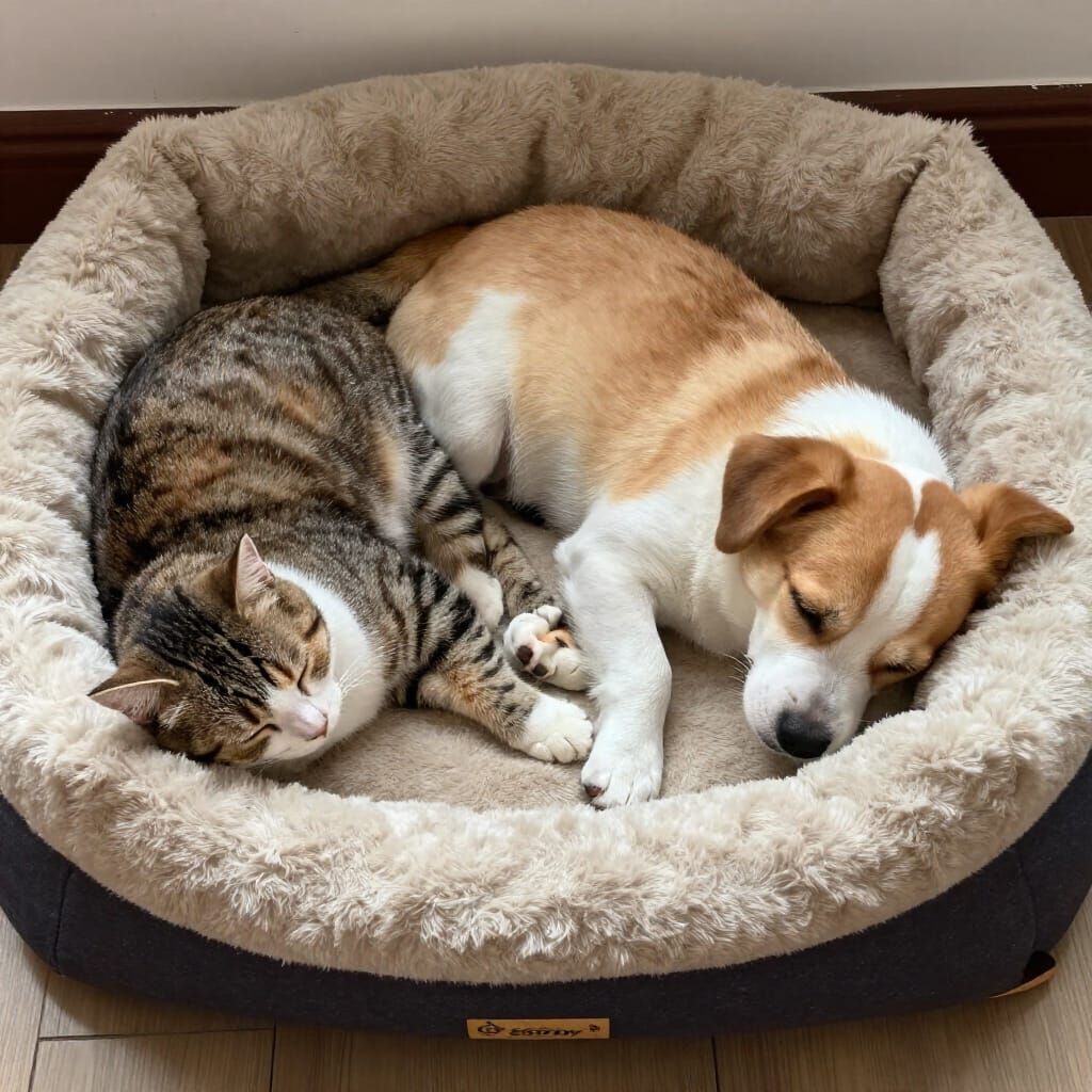 Cat and Dog Sleeping Peacefully Together on Pet Bed