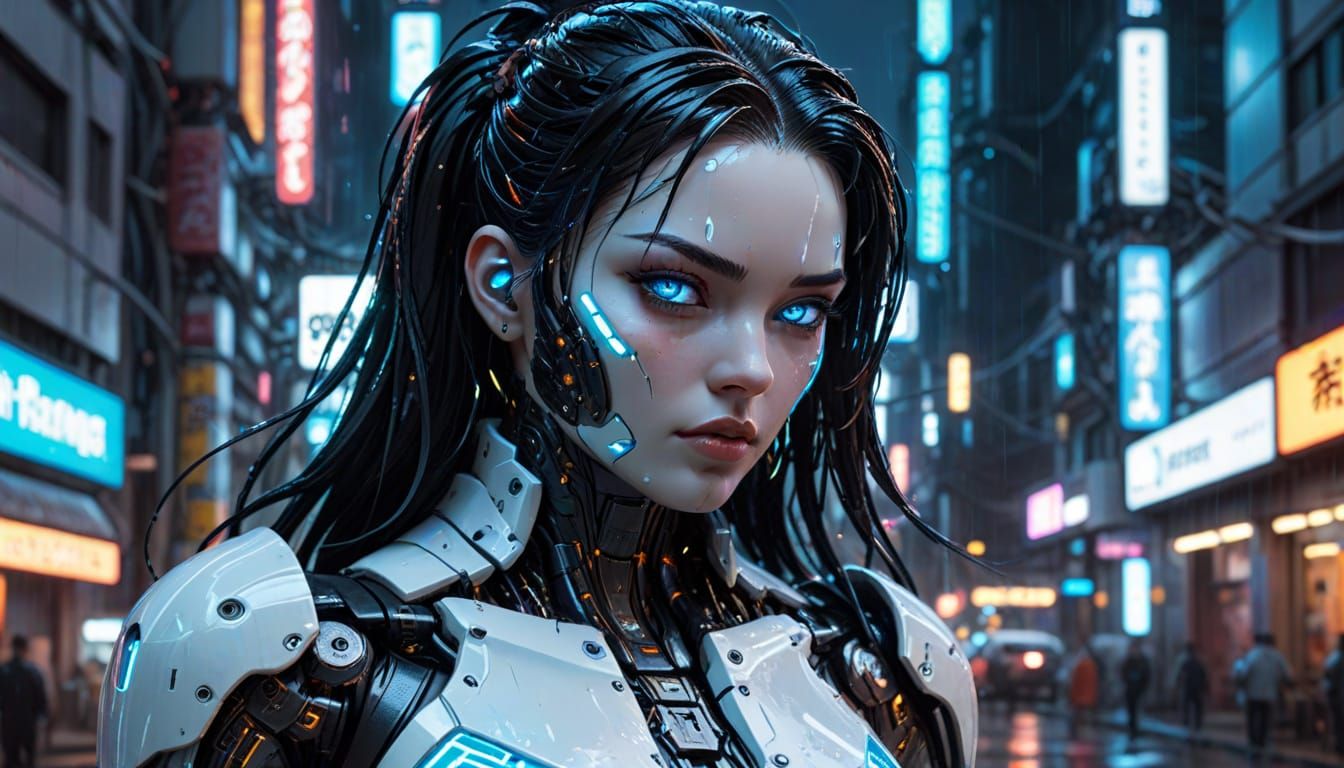 Cyberpunk Android in Neon Cityscape