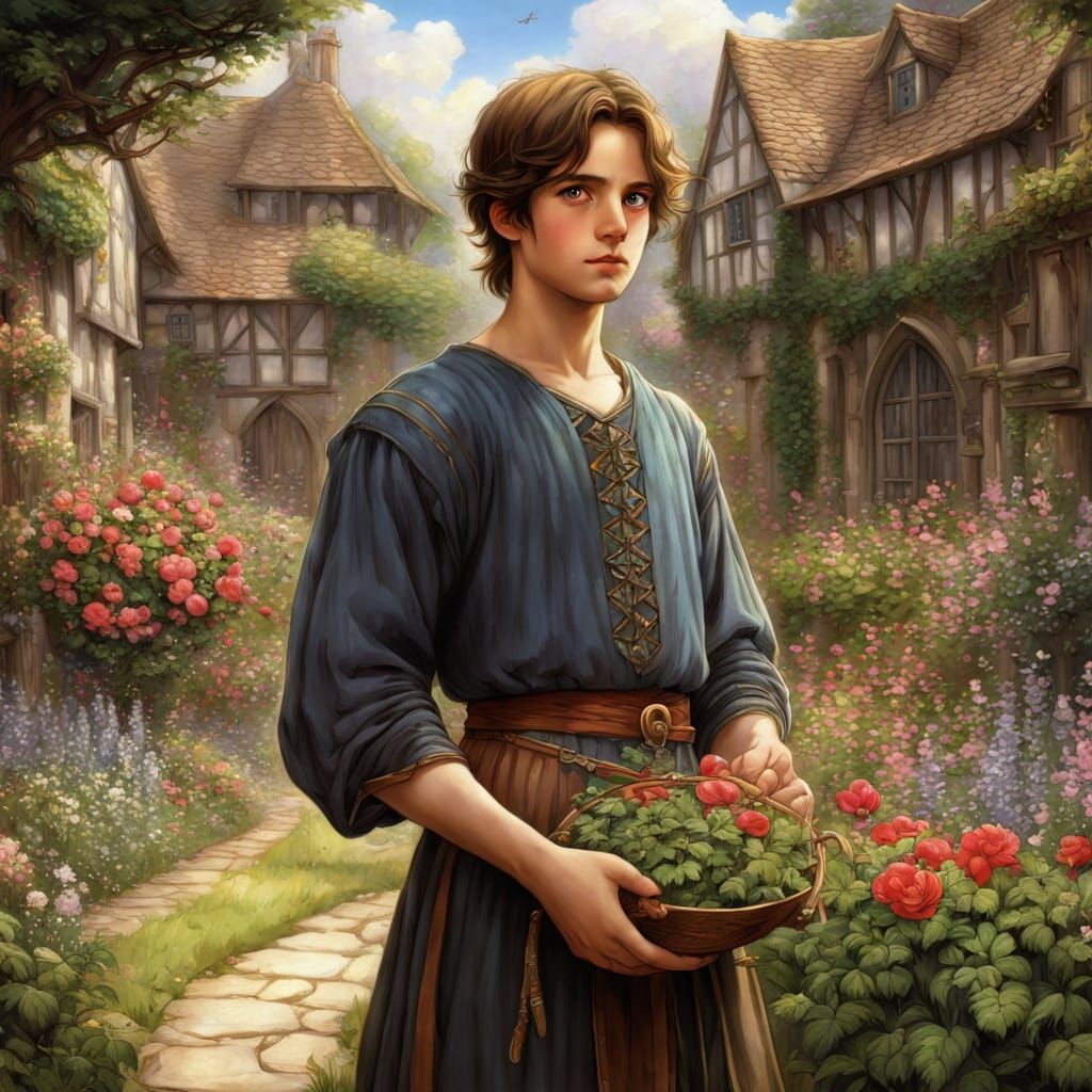 Medieval Boy Gathers Herbs in Fantasy Garden