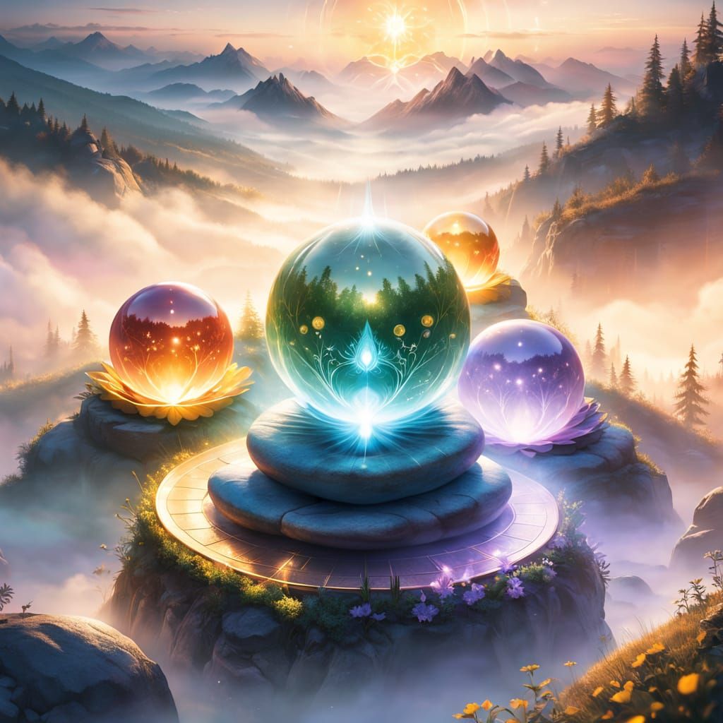 Surreal Mountain Sunrise with Glowing Energy Orbs