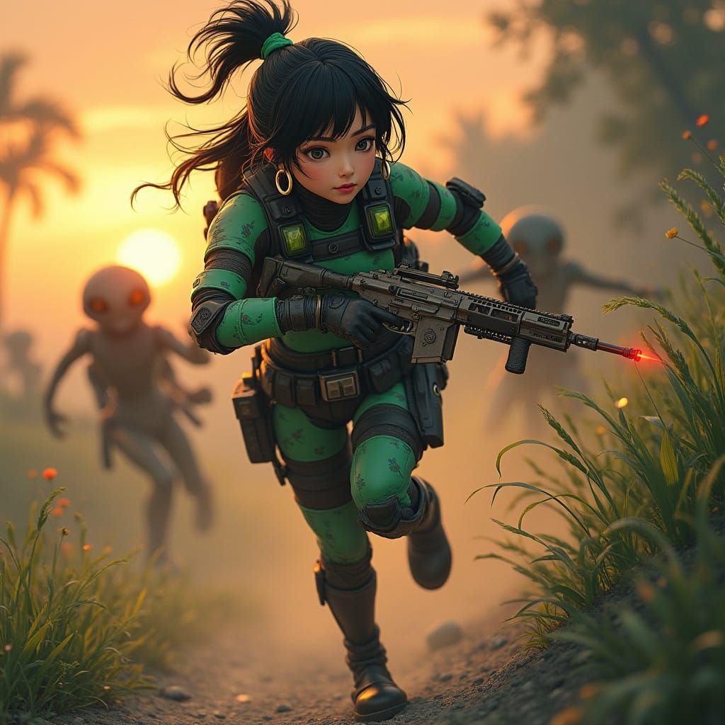 Japanese Chemist in Battle Armor Fights Aliens at Sunset