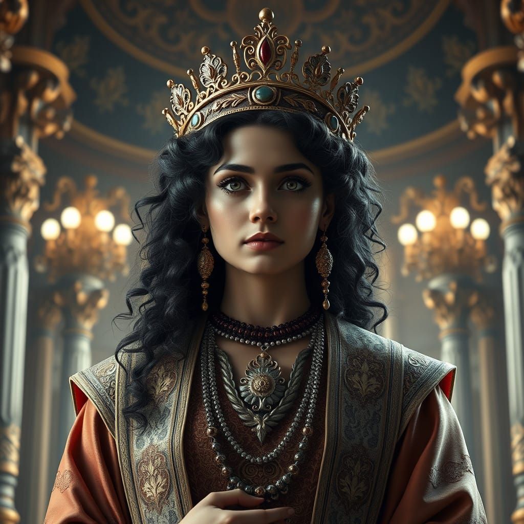 Cinematic Iranian Goddess Chista in Regal Attire, Blending T...