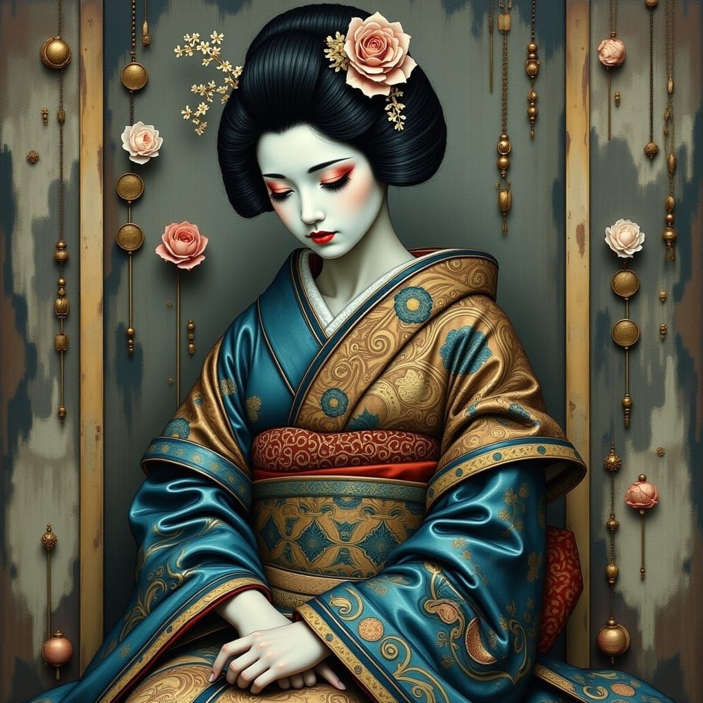 Mourning Geisha in Brown and Blue
