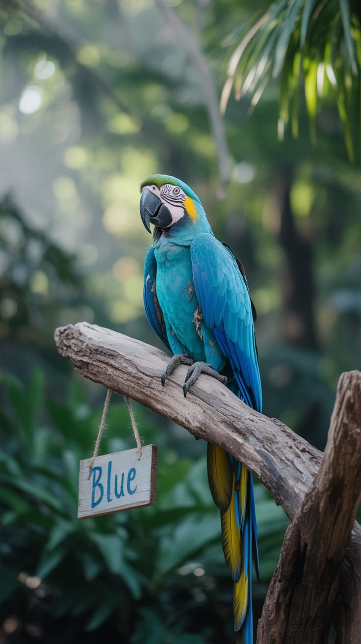 Vibrant Blue Macaw Perched on Branch in Sunlight