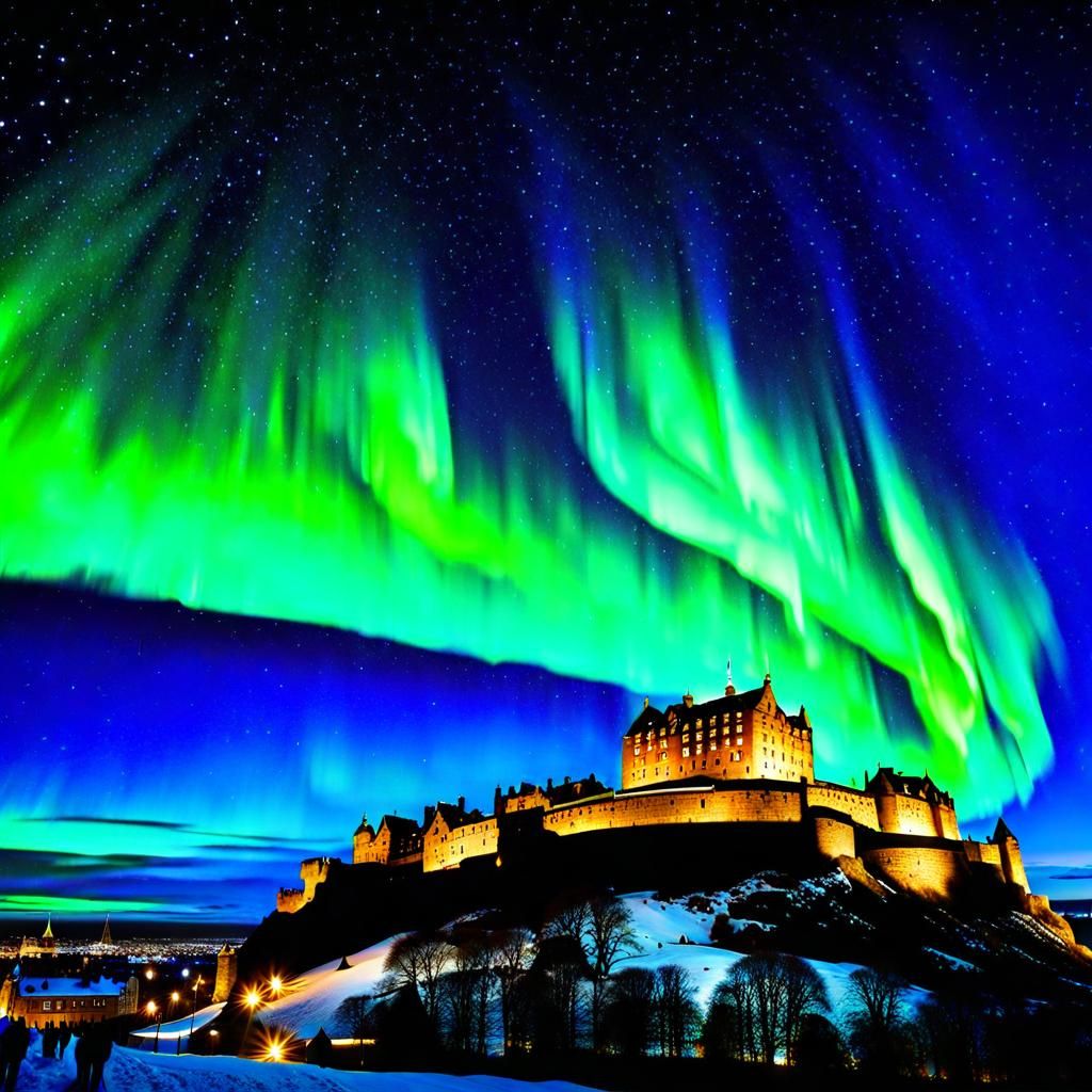 Aurora Borealis Lights Edinburgh Castle in Winter