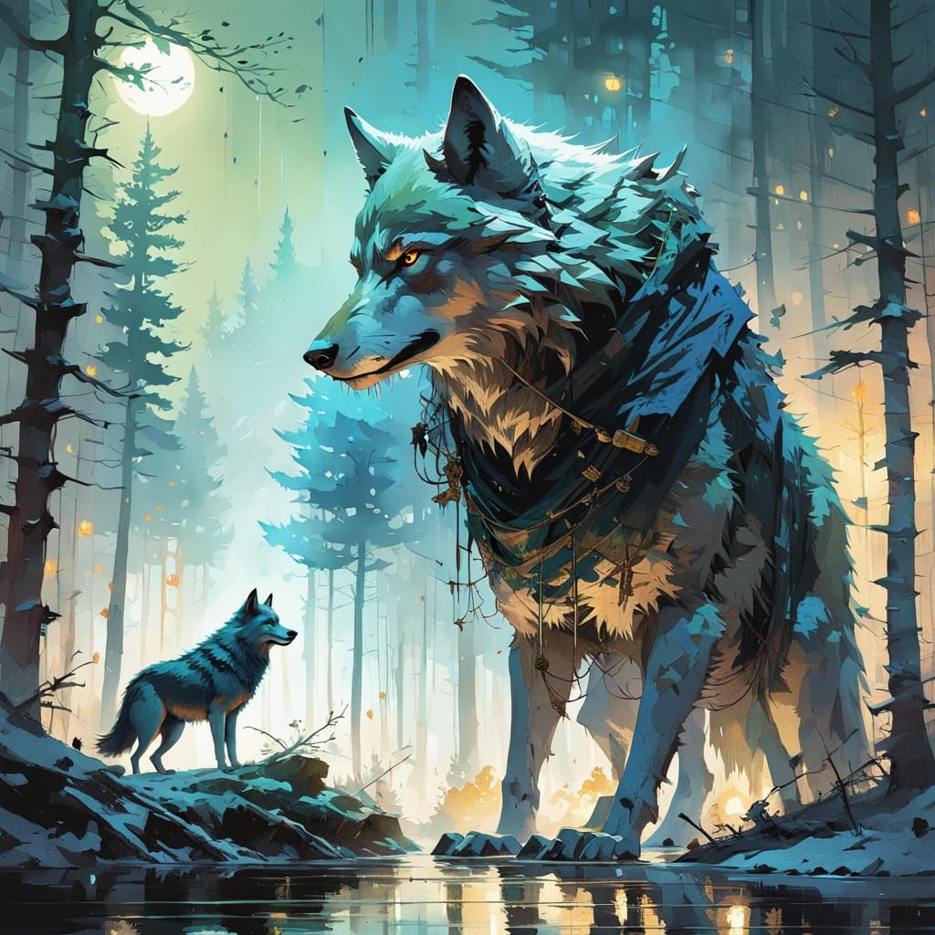 Wolf's Midnight Hunt in a Misty Forest