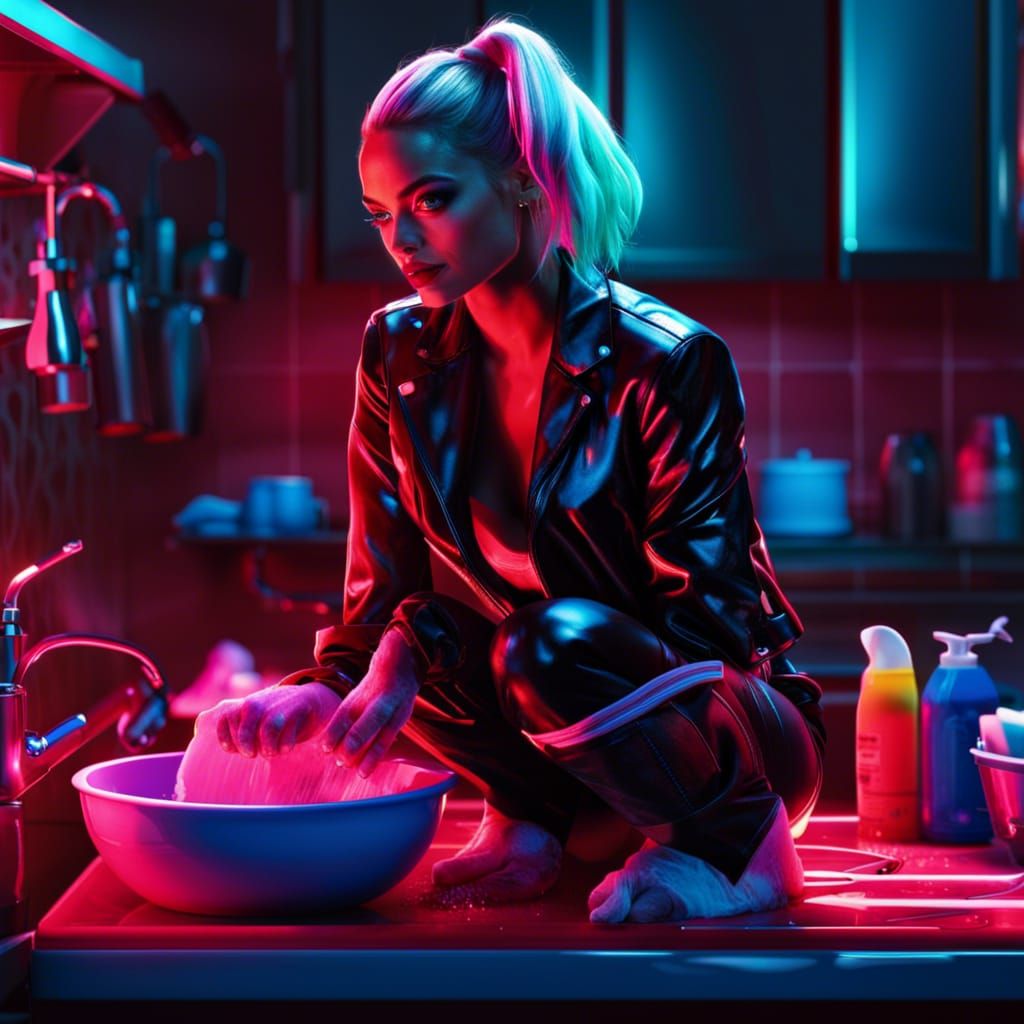 Neon Fashion Portrait of Woman Washing Dishes