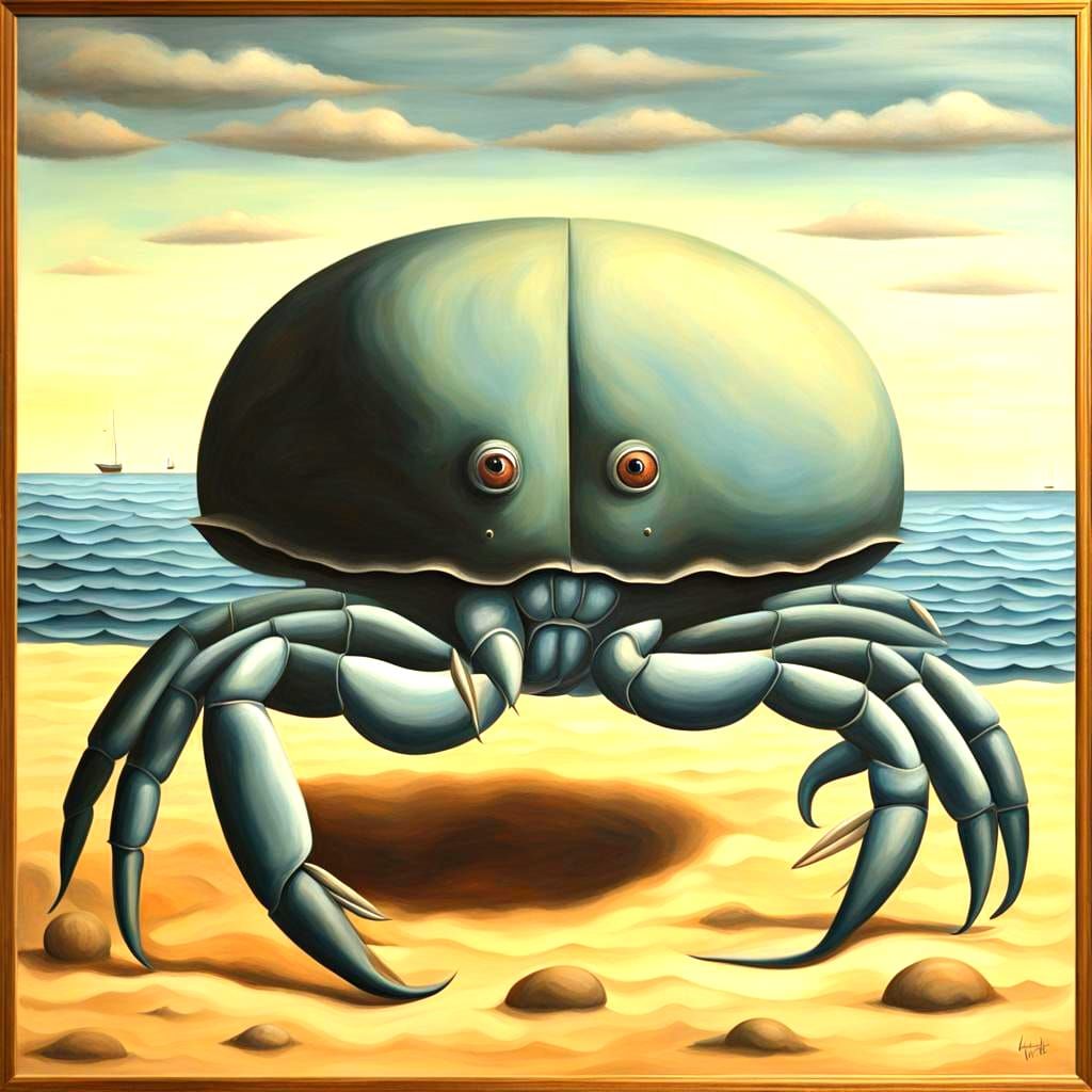 Surreal Crustacea Painting in Magritte Style