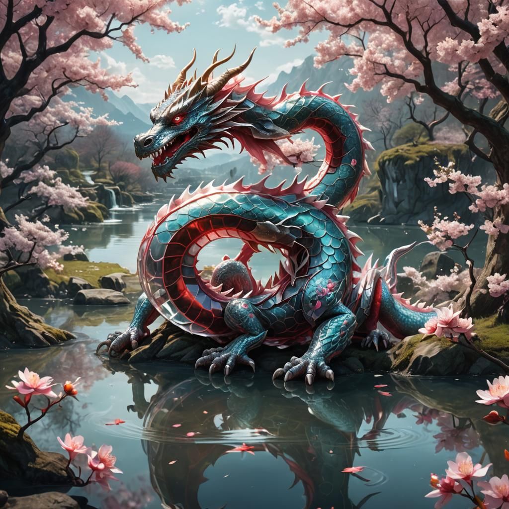 Transparent Dragon with Cherry Blossoms in Hyperreal Style