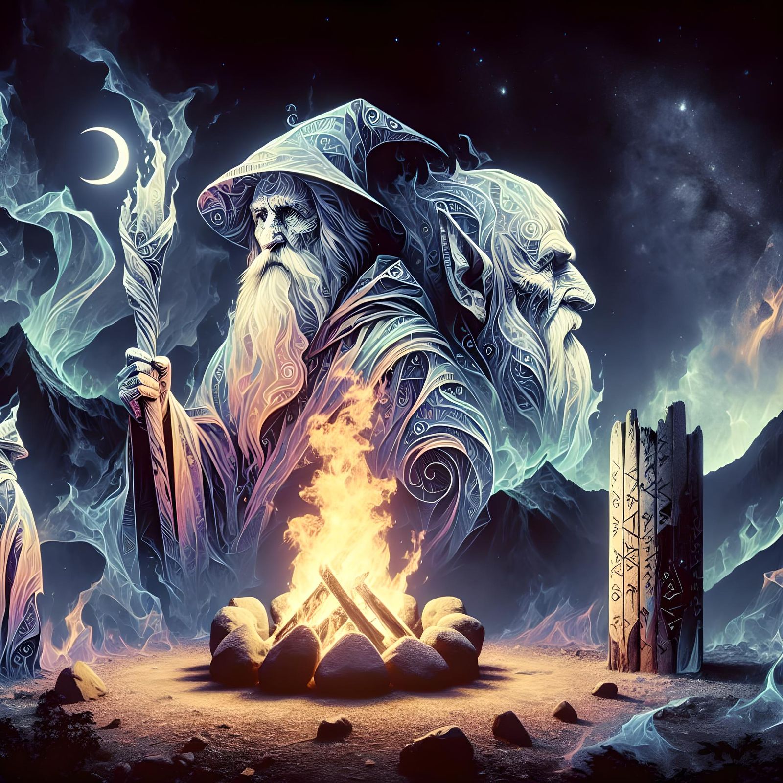 Dwarf Warrior at Runestone Bonfire in Double Exposure