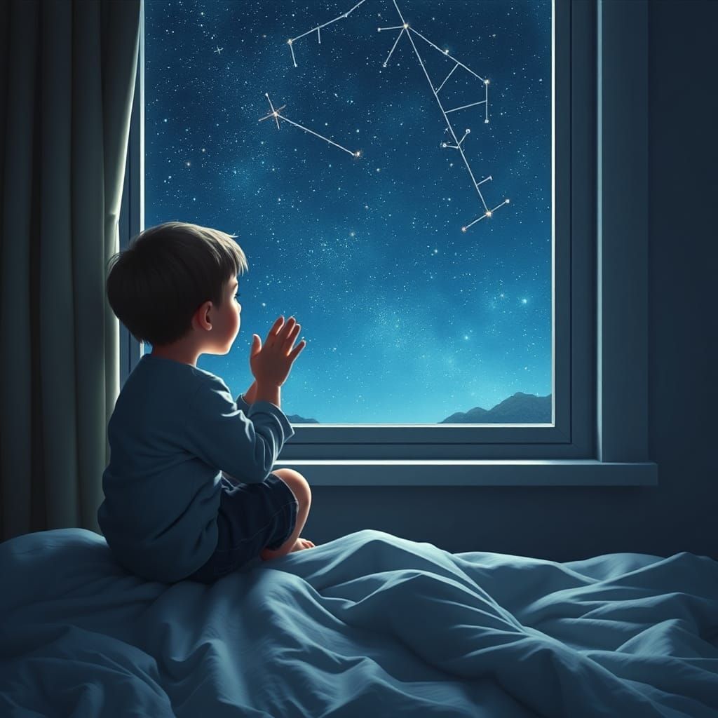 Boy Reaching for Pleiades Constellation Through Window