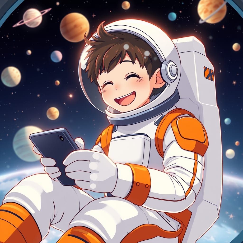 Joyful Anime Astronaut Playing Mobile Game in Space