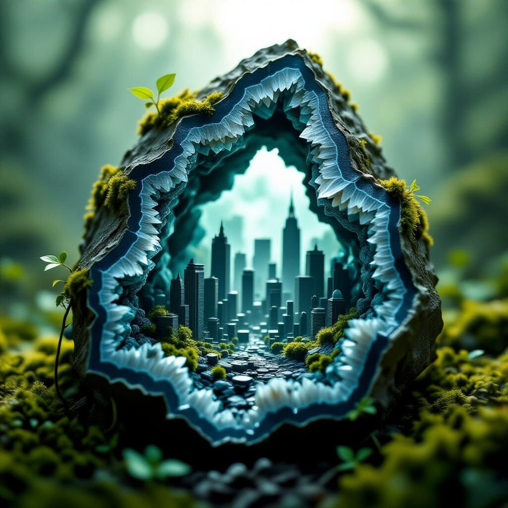Geode Reveals Overgrown City in Film Noir Style