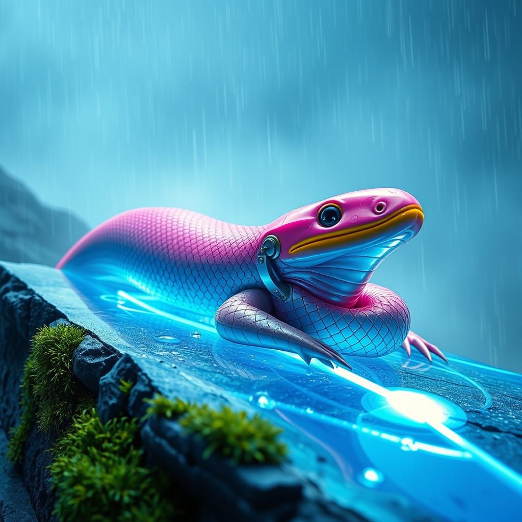 Futuristic Pink Eel Contemplates Cyberpunk Sky