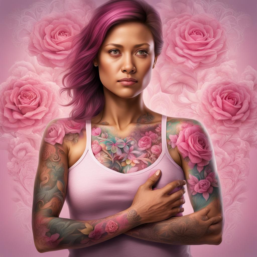 Woman with Breast Cancer Ribbon and Tattoos