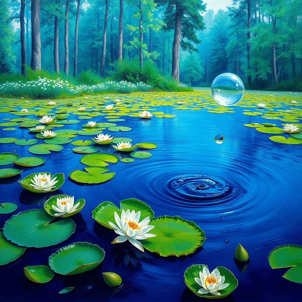 Vibrant Cobalt Blue Water Scene with Lush Greenery and Delic...