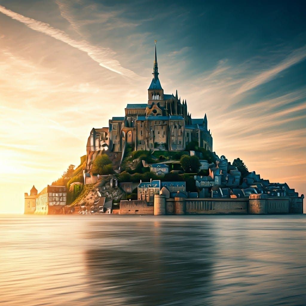 Ethereal Le Mont Saint Michel at Dawn in Golden Light