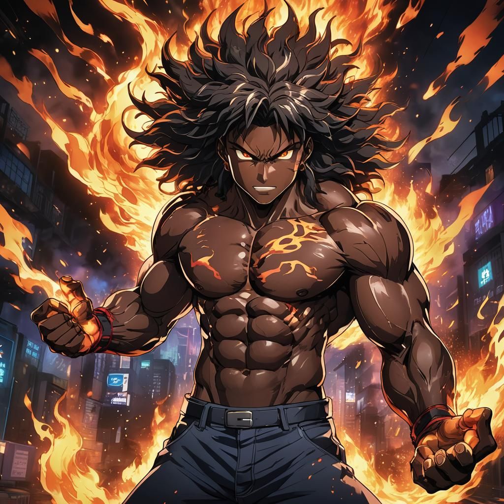 Anime Man with Blazing Energy, Vibrant Key Visual