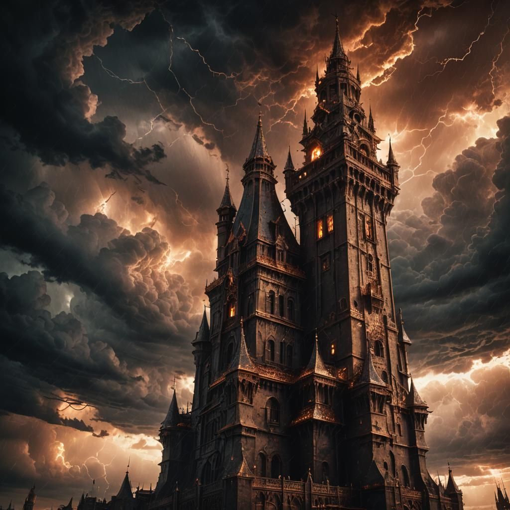 Ominous Copper Tower Pierces Stormy Sky