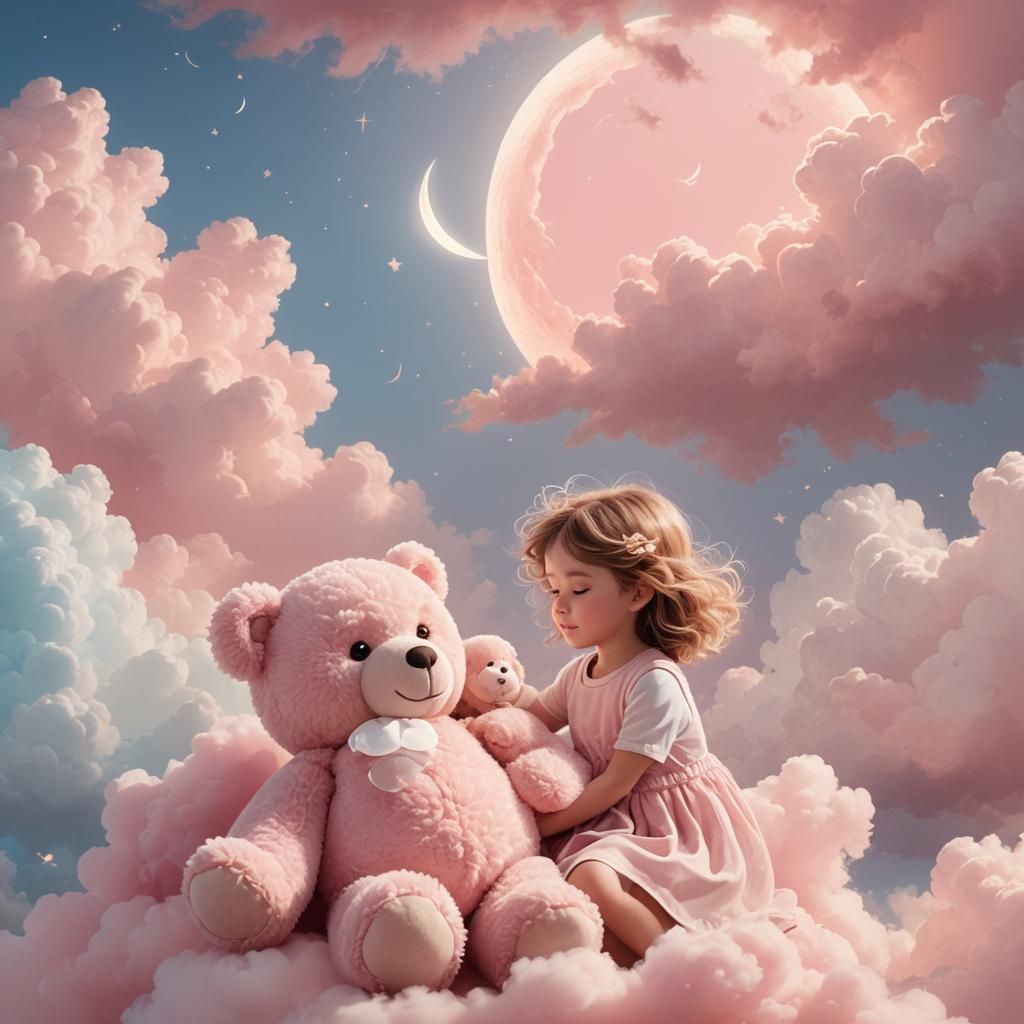 Girl Hugs Teddy Bear on Cloud in Dreamy Watercolor
