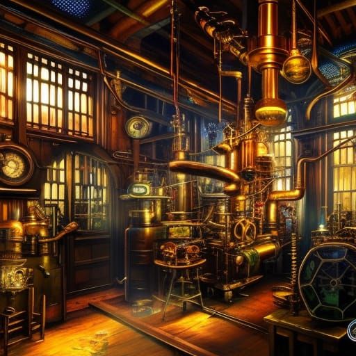 Hyperdetailed Steampunk Laboratory in Chromepunk Style