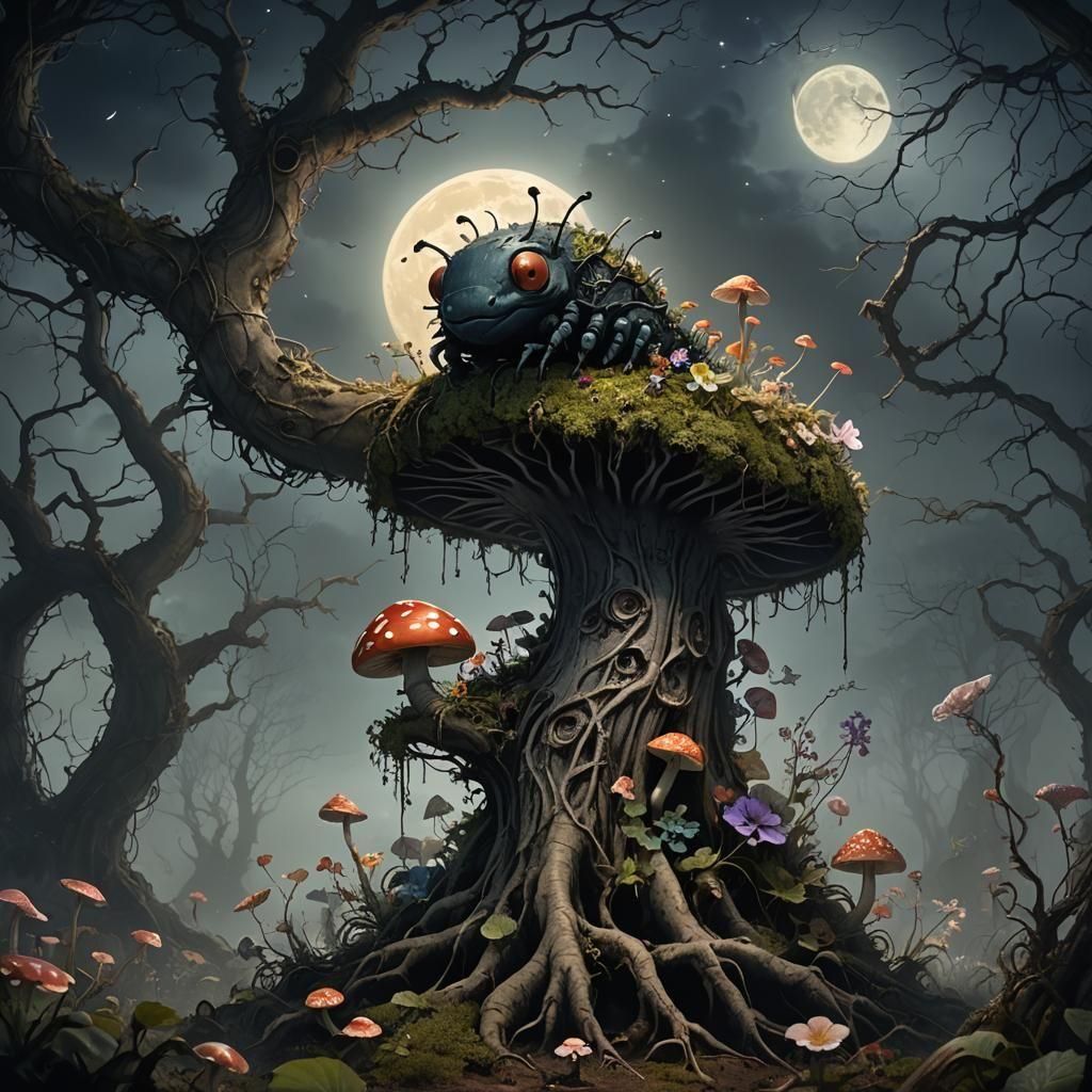 Gothic Caterpillar on Mushroom in Dark Fantasy Landscape