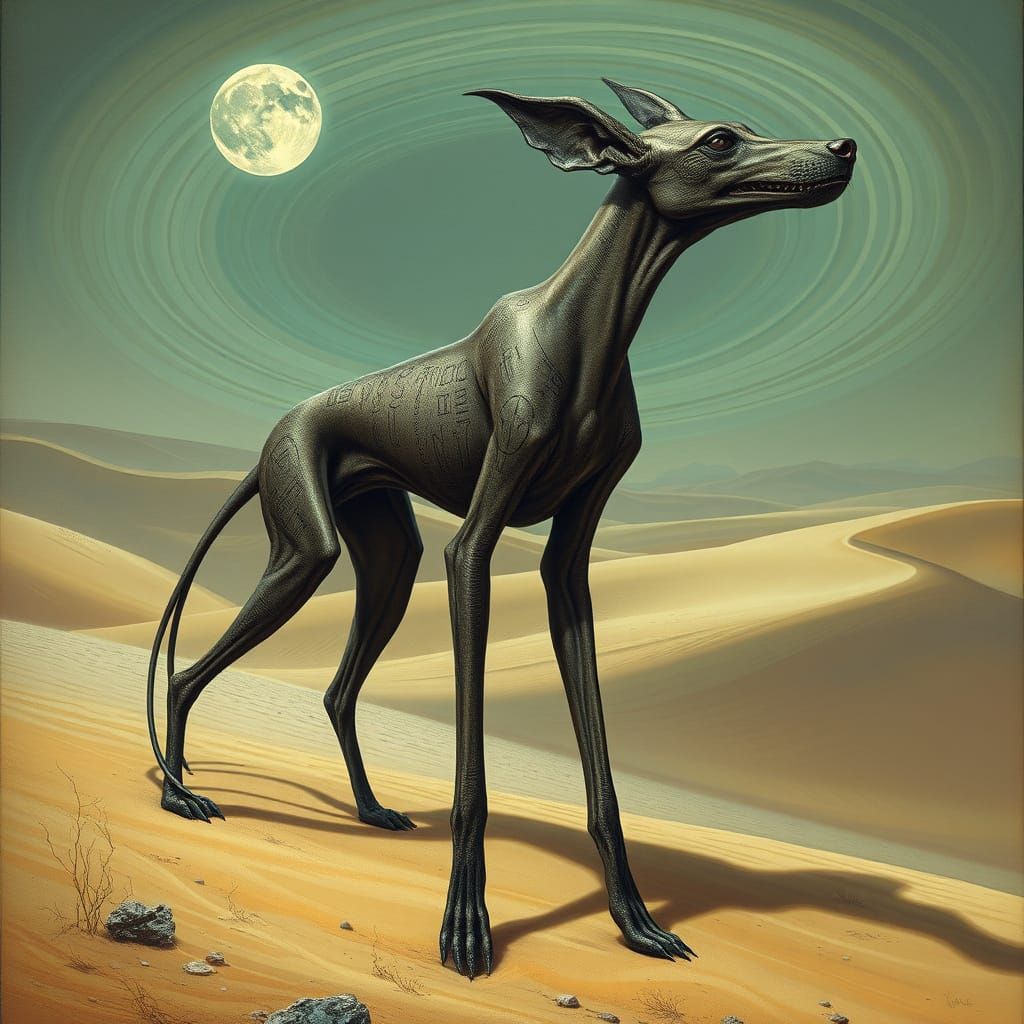 Egyptian Desert Mystic Canine in Giger-Spare-Beksiński Style