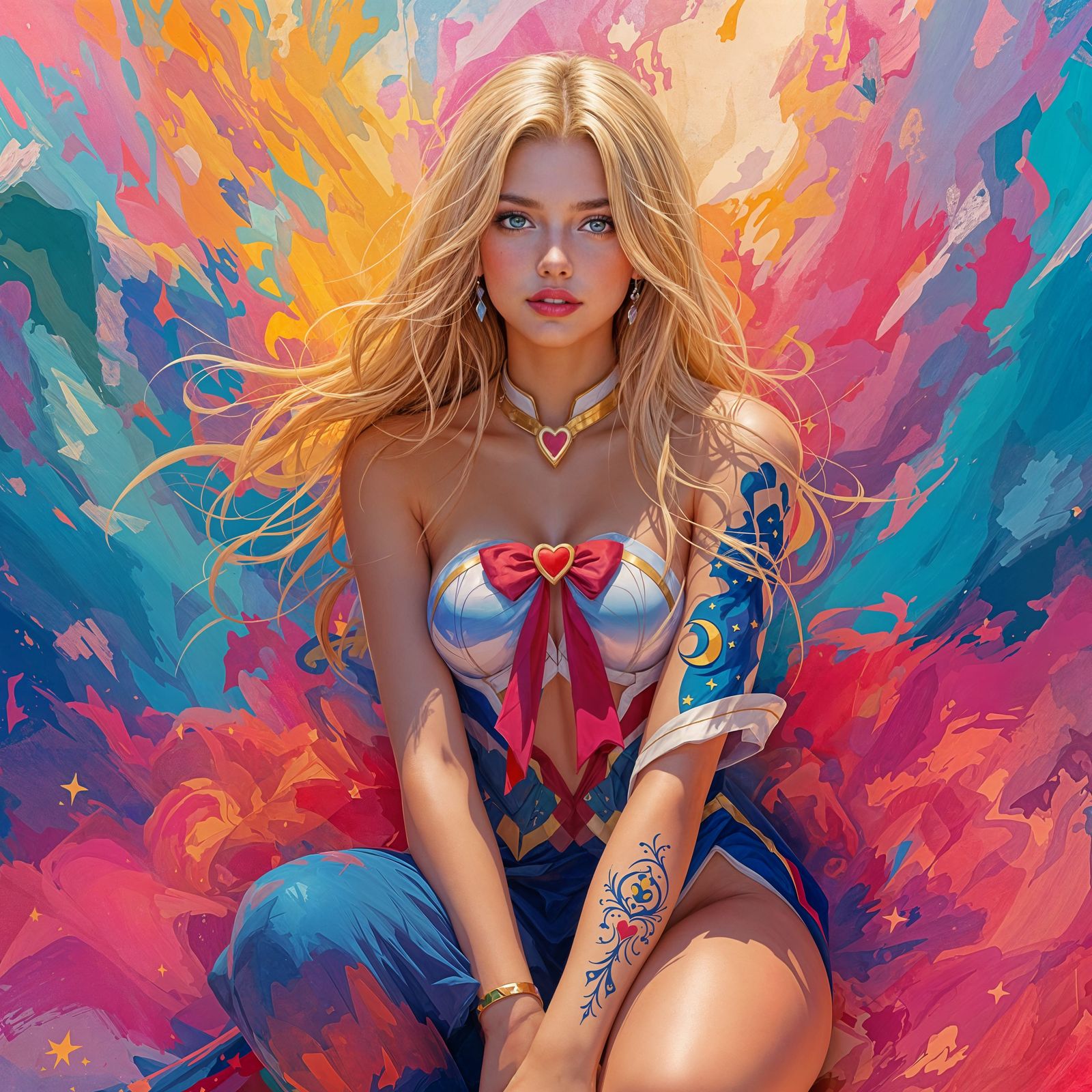 Magical Girl Warrior in Vibrant, Swirling Abstract Backgroun...